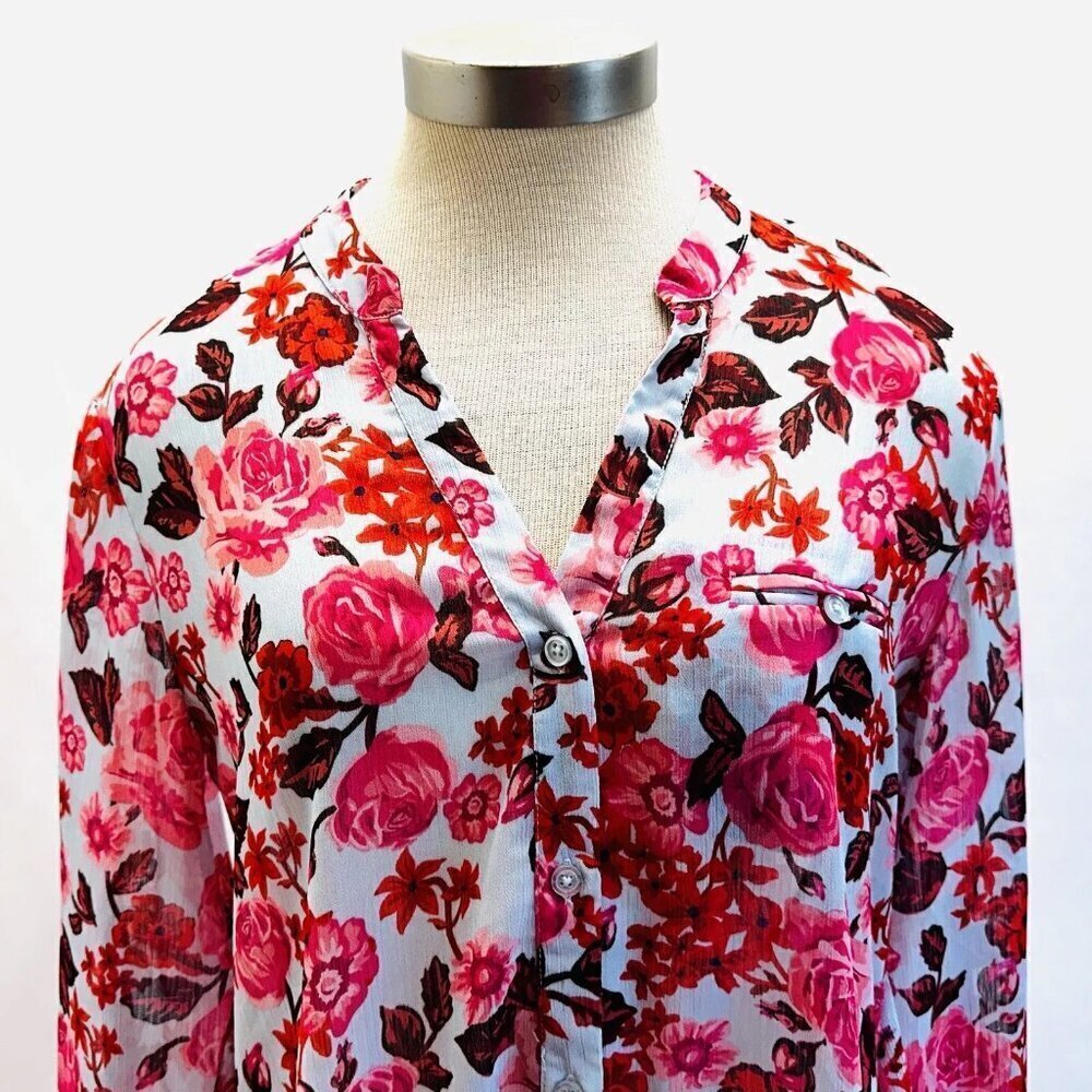 KUT from the Kloth Women Long Sleeve Button Down Pink Floral Sheer Roll Tab Sz M - Picture 2 of 12